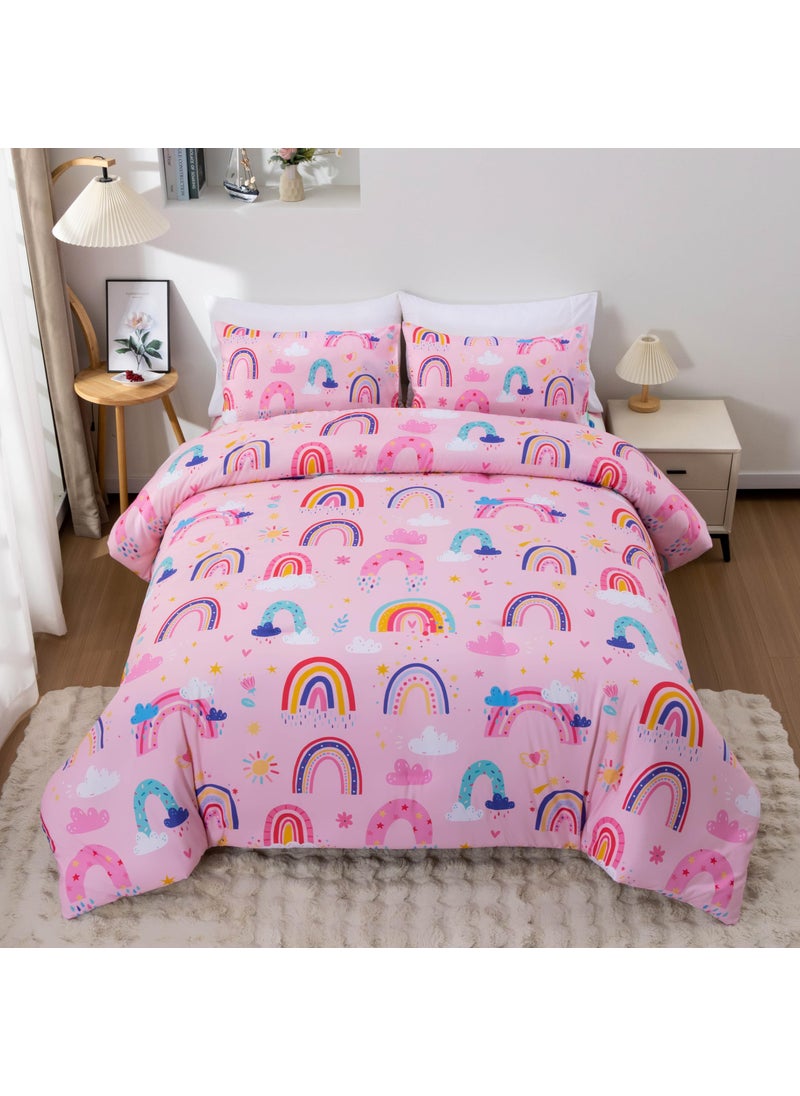 Btargot Btargot Lightweight Soft 3 Piece Rainbow Comforter Set with 2 Pillow Covers  Cartoon Love Hearts Suns and Stars Bedding Set for Girls Boys Kids  Full Light Pink  - Image 1