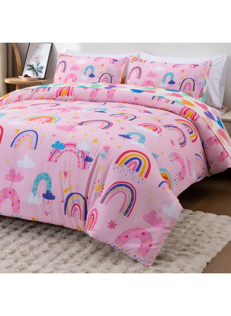 Btargot Btargot Lightweight Soft 3 Piece Rainbow Comforter Set with 2 Pillow Covers  Cartoon Love Hearts Suns and Stars Bedding Set for Girls Boys Kids  Full Light Pink  - Image 5