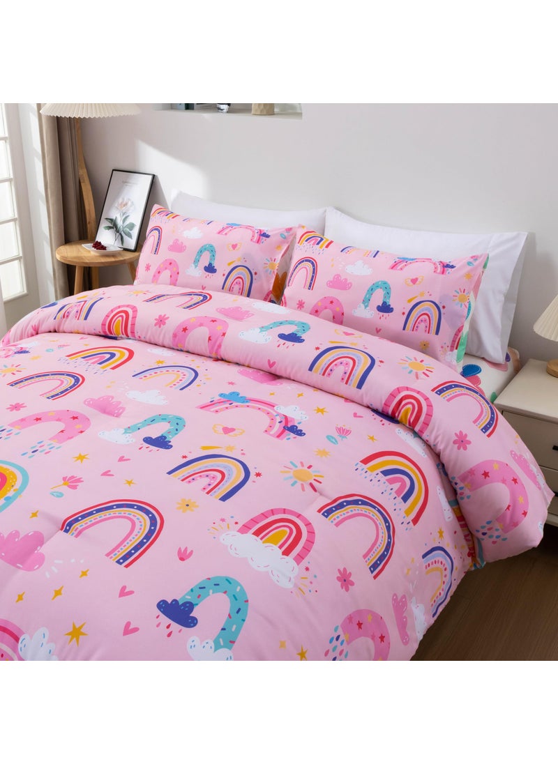 Btargot Btargot Lightweight Soft 3 Piece Rainbow Comforter Set with 2 Pillow Covers  Cartoon Love Hearts Suns and Stars Bedding Set for Girls Boys Kids  Full Light Pink  - Image 3