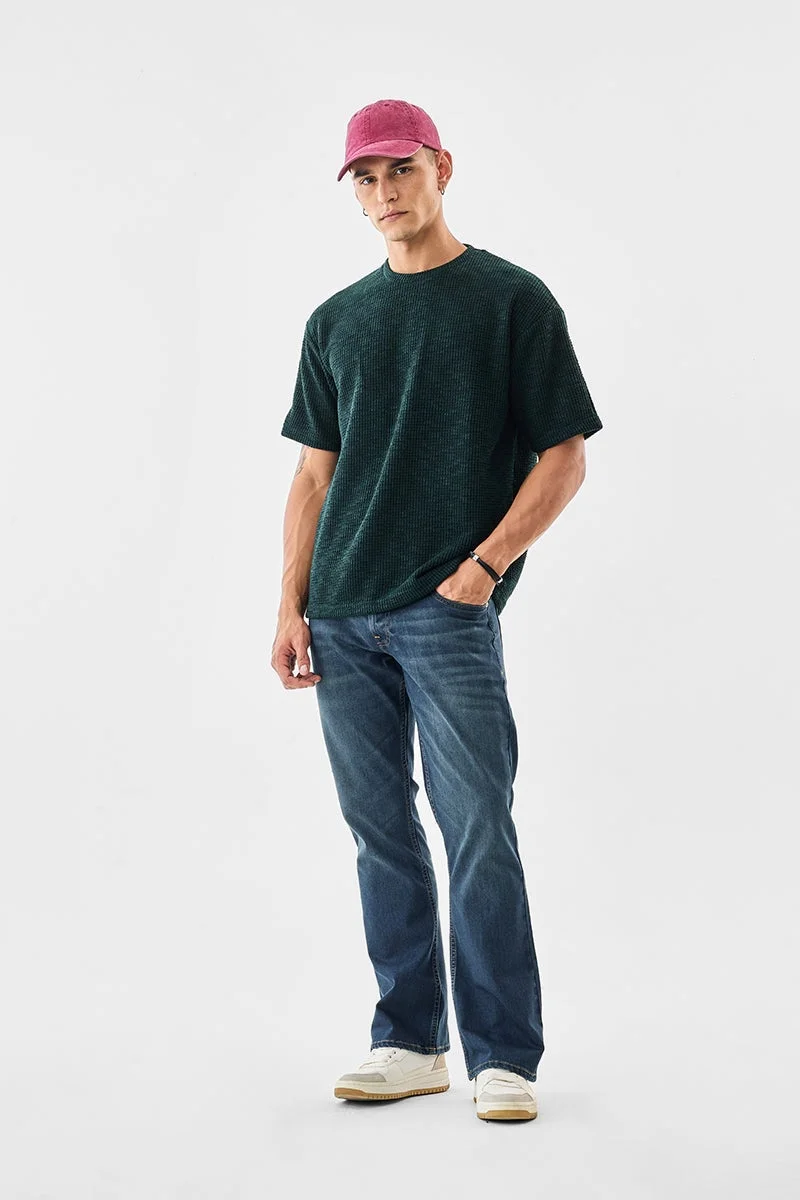 SNITCH Dark Green Textured Half Sleeve Oversized T-Shirt
