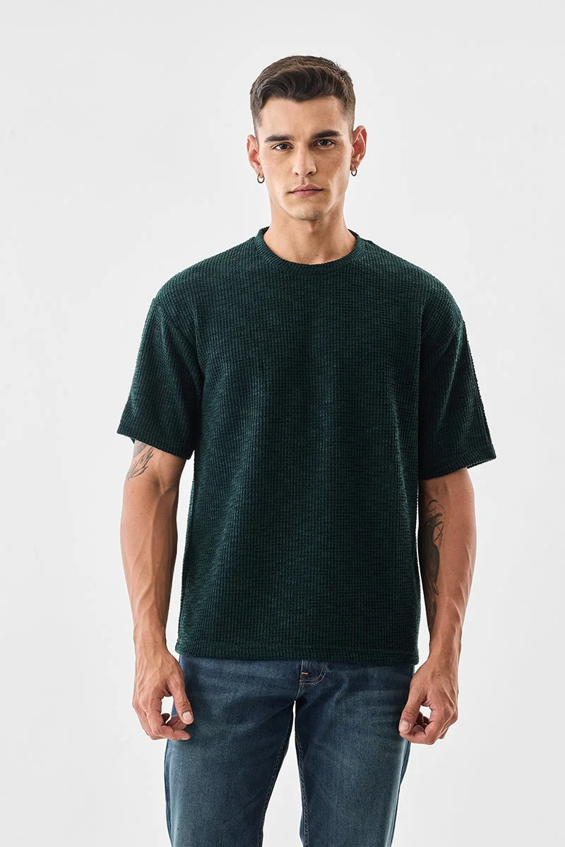 SNITCH Dark Green Textured Half Sleeve Oversized T-Shirt