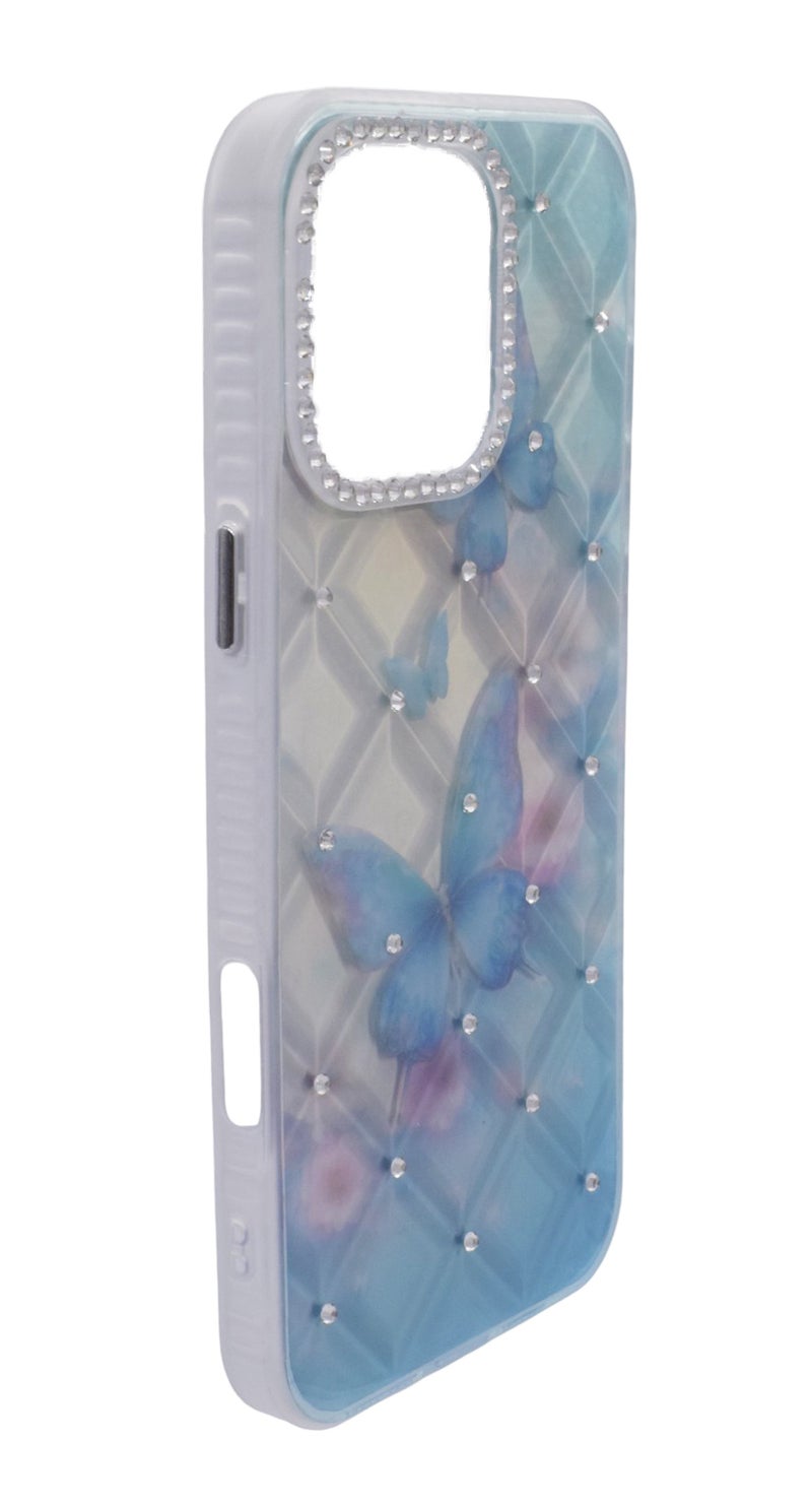 CFS TPU Butterflies Printed Back Cover Case with Rhinestone Camera Border For iPhone 16 Pro Max - Light Blue Transparent - Image 3