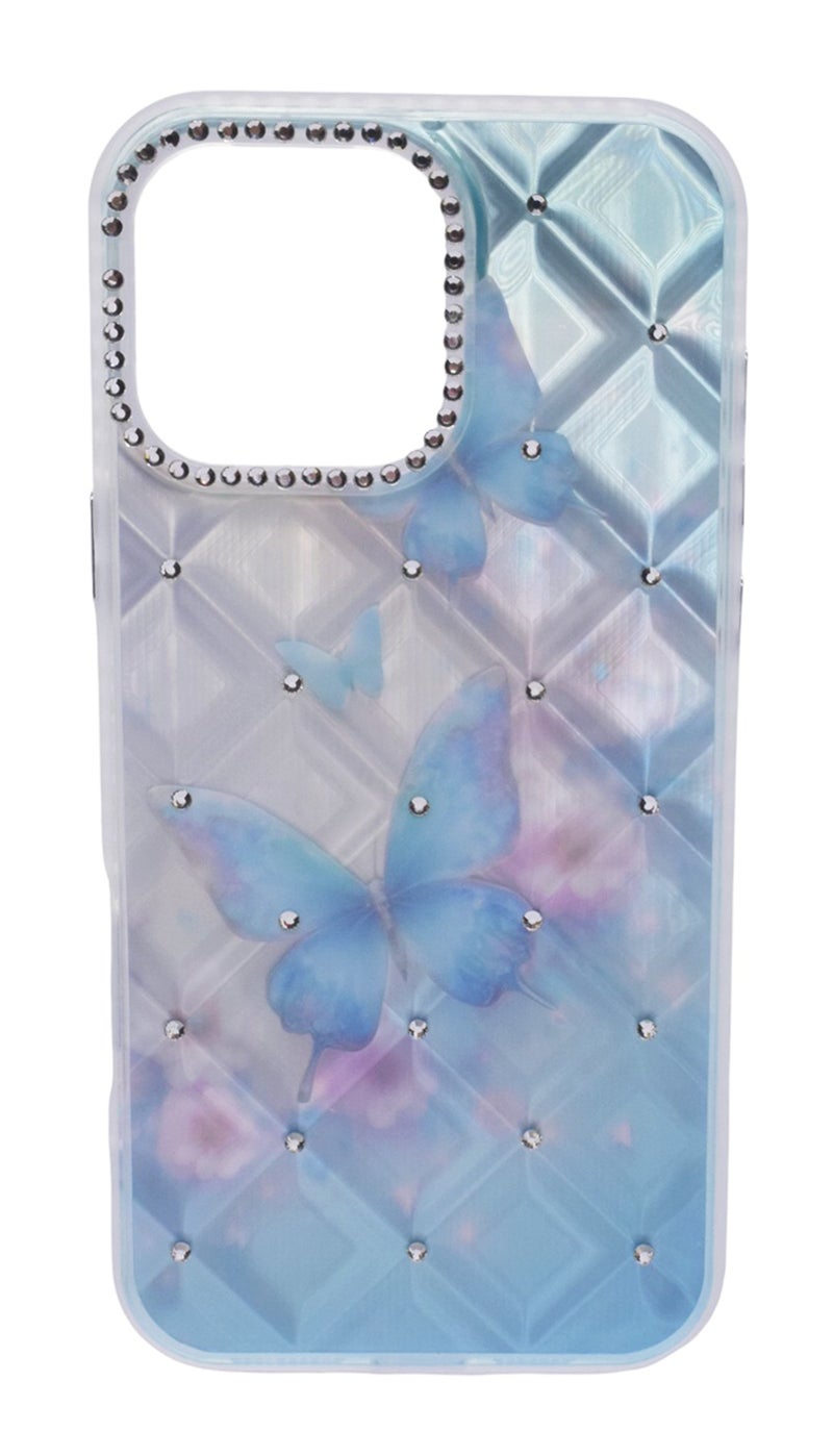 CFS TPU Butterflies Printed Back Cover Case with Rhinestone Camera Border For iPhone 16 Pro Max - Light Blue Transparent - Image 1
