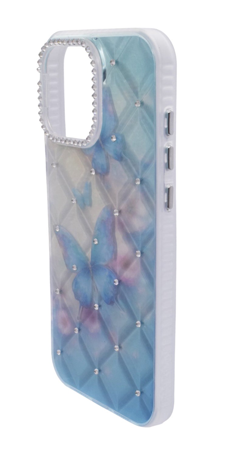 CFS TPU Butterflies Printed Back Cover Case with Rhinestone Camera Border For iPhone 16 Pro Max - Light Blue Transparent - Image 2