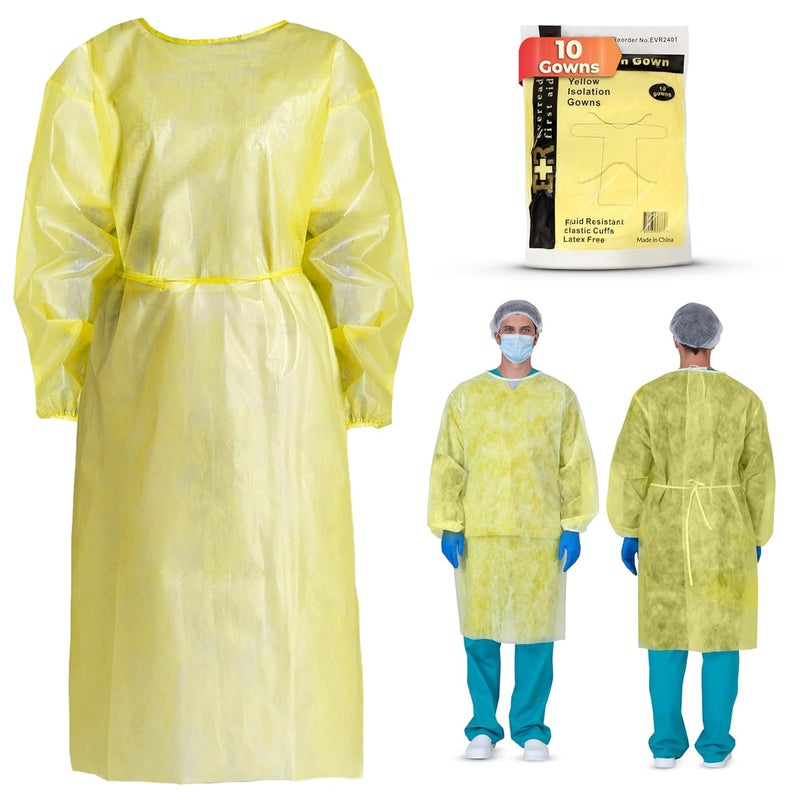 Ever Ready First Aid فستان عزل بأساور مرنة، مقاوم للسوائل، أصفر (عبوة من 10) - Image 1