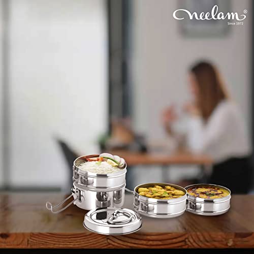 neelam Stainless Steel Lunch Box/Tiffin with Locking Clip, 4-Tier Container, 1500 ml, Hot & Cold Leak-Proof, Compact & Durable, Perfect for Office, School, Picnic and Travel, Silver - Image 4
