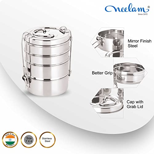 neelam Stainless Steel Lunch Box/Tiffin with Locking Clip, 4-Tier Container, 1500 ml, Hot & Cold Leak-Proof, Compact & Durable, Perfect for Office, School, Picnic and Travel, Silver - Image 3