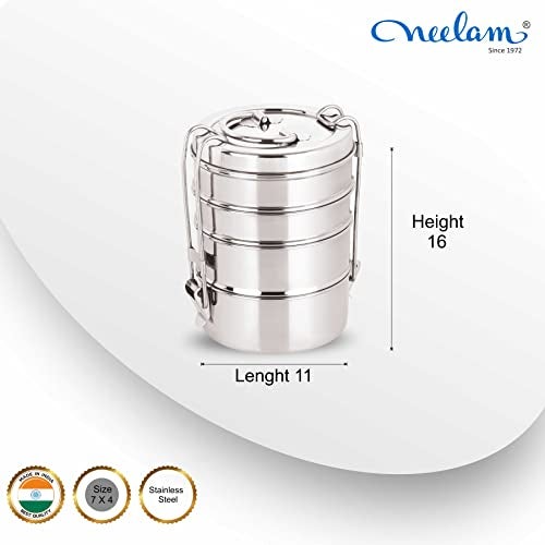 neelam Stainless Steel Lunch Box/Tiffin with Locking Clip, 4-Tier Container, 1500 ml, Hot & Cold Leak-Proof, Compact & Durable, Perfect for Office, School, Picnic and Travel, Silver - Image 2