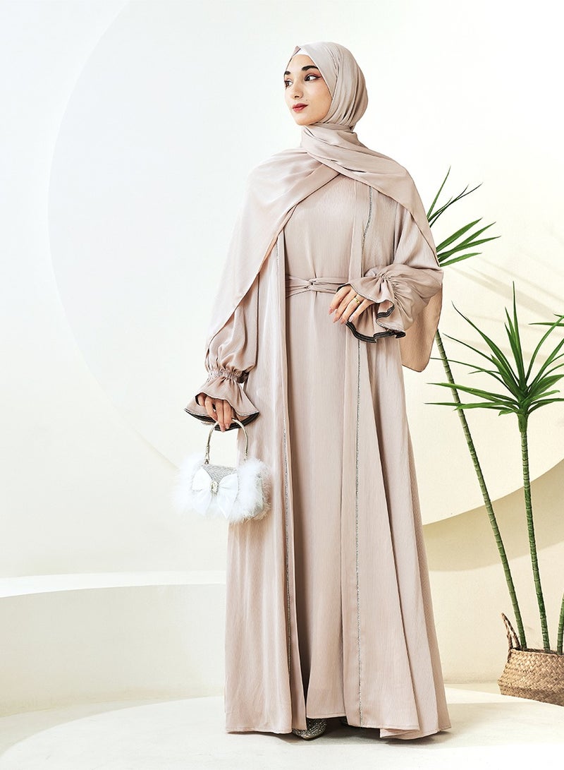 3-Piece Ruffle Sleeve Haiya Abaya Set with Sparkling Rhinestone，Middle Eastern Arab banquet wedding dress, women's holiday attire（L）  - Image 1