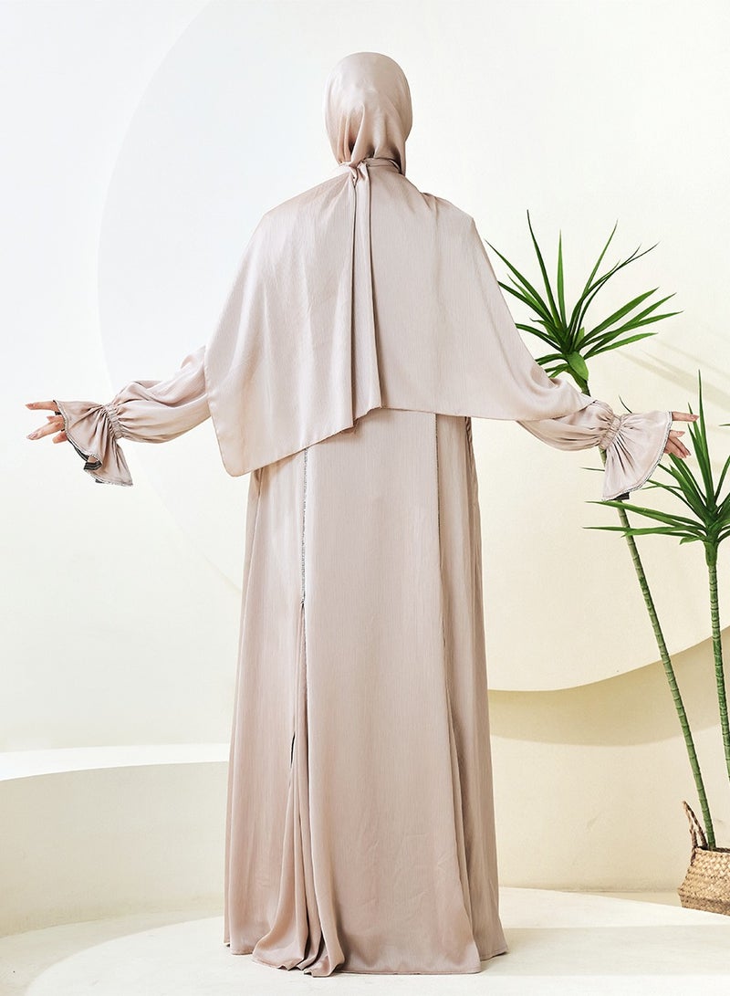 3-Piece Ruffle Sleeve Haiya Abaya Set with Sparkling Rhinestone，Middle Eastern Arab banquet wedding dress, women's holiday attire（L）  - Image 3