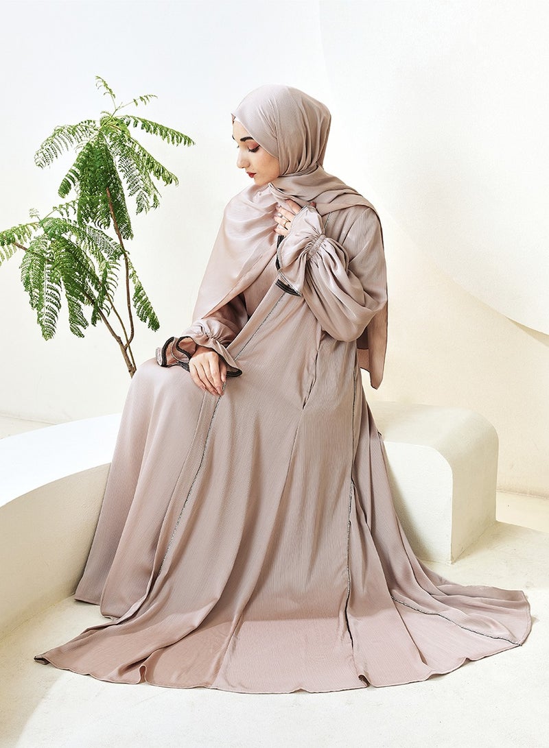 3-Piece Ruffle Sleeve Haiya Abaya Set with Sparkling Rhinestone，Middle Eastern Arab banquet wedding dress, women's holiday attire（L）  - Image 5