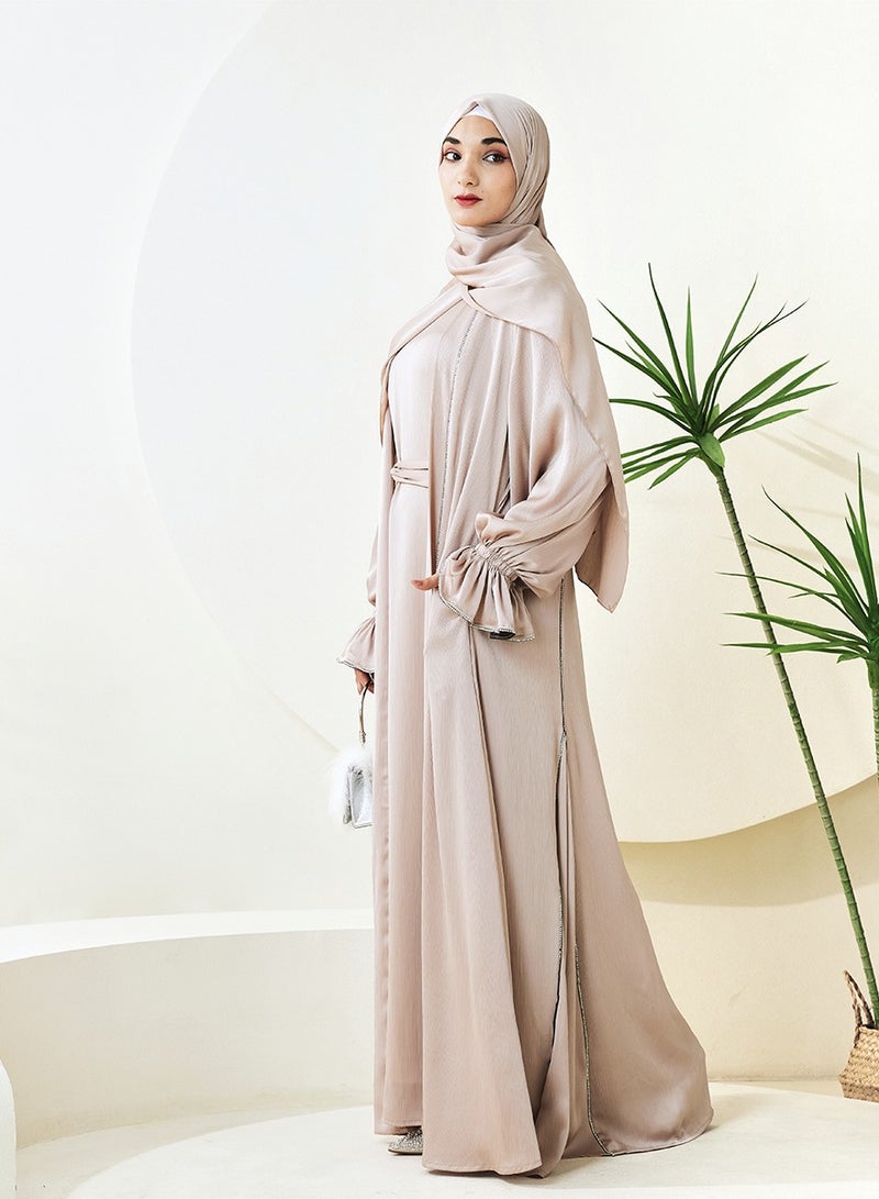 3-Piece Ruffle Sleeve Haiya Abaya Set with Sparkling Rhinestone，Middle Eastern Arab banquet wedding dress, women's holiday attire（L）  - Image 2