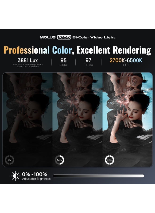 ZHIYUN MOLUS X100 PRO V2 Upgraded Version LED Video Light [Official],Portable 100W 2700K-6500K CRI 95+ TLCI 97+ Bluetooth Brightness Control Continuous Output Lighting for Photography Studio Light