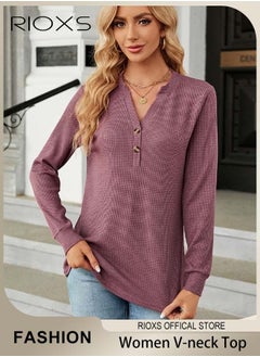 RIOXS V-neck Button Long Sleeve Tops For Women,Solid Color Loose Pullover Shirt,Women's Soft Comfortable Tops,Basic Pullover Shirt For Office Work Daily Wear,Spring Fall Or Winter Blouses Top  - Image 1