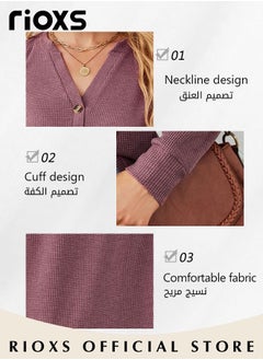 RIOXS V-neck Button Long Sleeve Tops For Women,Solid Color Loose Pullover Shirt,Women's Soft Comfortable Tops,Basic Pullover Shirt For Office Work Daily Wear,Spring Fall Or Winter Blouses Top  - Image 5