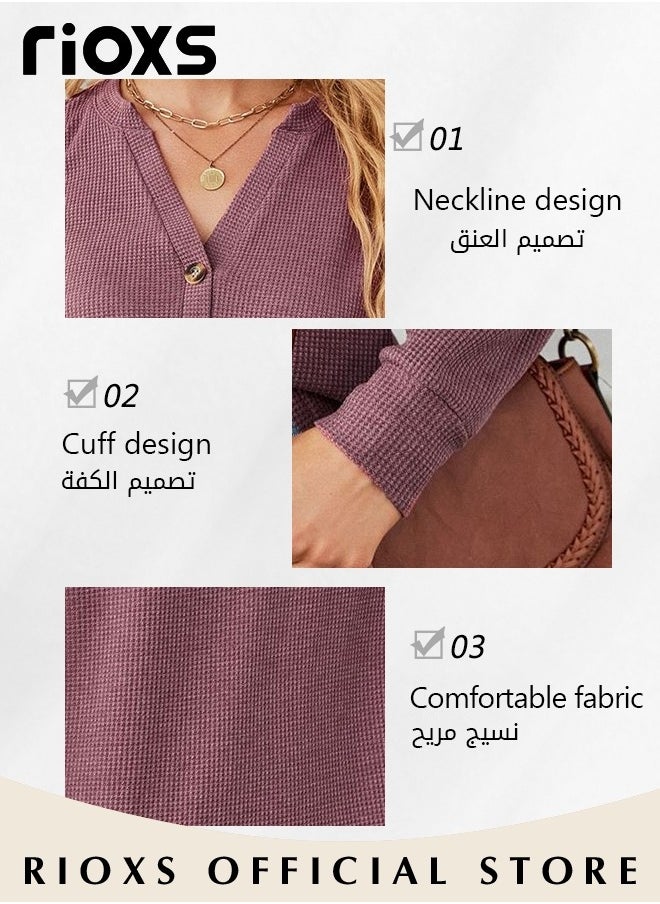 RIOXS V-neck Button Long Sleeve Tops For Women,Solid Color Loose Pullover Shirt,Women's Soft Comfortable Tops,Basic Pullover Shirt For Office Work Daily Wear,Spring Fall Or Winter Blouses Top  - Image 5