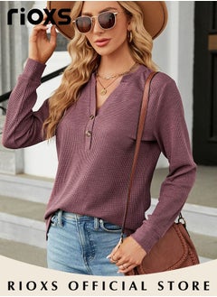 RIOXS V-neck Button Long Sleeve Tops For Women,Solid Color Loose Pullover Shirt,Women's Soft Comfortable Tops,Basic Pullover Shirt For Office Work Daily Wear,Spring Fall Or Winter Blouses Top  - Image 2