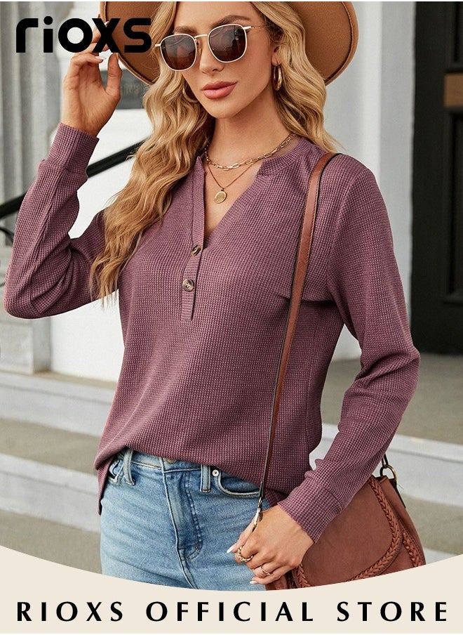 RIOXS V-neck Button Long Sleeve Tops For Women,Solid Color Loose Pullover Shirt,Women's Soft Comfortable Tops,Basic Pullover Shirt For Office Work Daily Wear,Spring Fall Or Winter Blouses Top  - Image 2