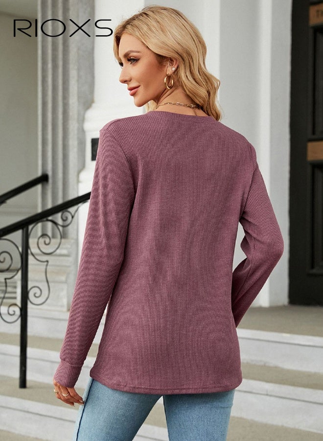 RIOXS Women's V Neck Long Sleeve Waffle T-Shirt, Loose Fit Lightweight Knited Pullover Tops, Soft Comfortable Button Up Henley Tops, Spring Fall Casual Breathable Basic Tunic Tops, Suitable for Work/Office/Vacation/Travel/Basic Daily Wear - Image 2