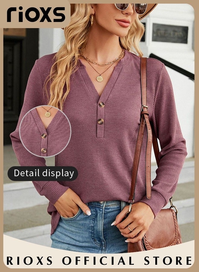 RIOXS Women's V Neck Long Sleeve Waffle T-Shirt, Loose Fit Lightweight Knited Pullover Tops, Soft Comfortable Button Up Henley Tops, Spring Fall Casual Breathable Basic Tunic Tops, Suitable for Work/Office/Vacation/Travel/Basic Daily Wear - Image 3