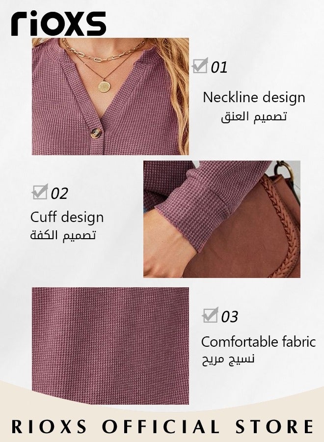 RIOXS Women's V Neck Long Sleeve Waffle T-Shirt, Loose Fit Lightweight Knited Pullover Tops, Soft Comfortable Button Up Henley Tops, Spring Fall Casual Breathable Basic Tunic Tops, Suitable for Work/Office/Vacation/Travel/Basic Daily Wear - Image 4