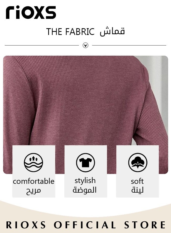 RIOXS Women's V Neck Long Sleeve Waffle T-Shirt, Loose Fit Lightweight Knited Pullover Tops, Soft Comfortable Button Up Henley Tops, Spring Fall Casual Breathable Basic Tunic Tops, Suitable for Work/Office/Vacation/Travel/Basic Daily Wear - Image 5