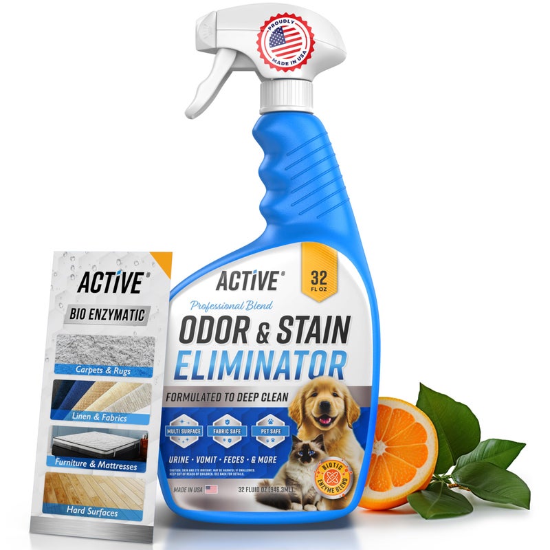 Active Pet Odor and Stain Eliminator - 32 oz ACTIVE Enzyme Cleaner for Dog & Cat Urine, Stain Remover Spray for Carpet, Upholstery, Hardwood, Spot Cleaning, Deodorizer for Dogs Cats Pets - Natural Citrus Oil - Image 1