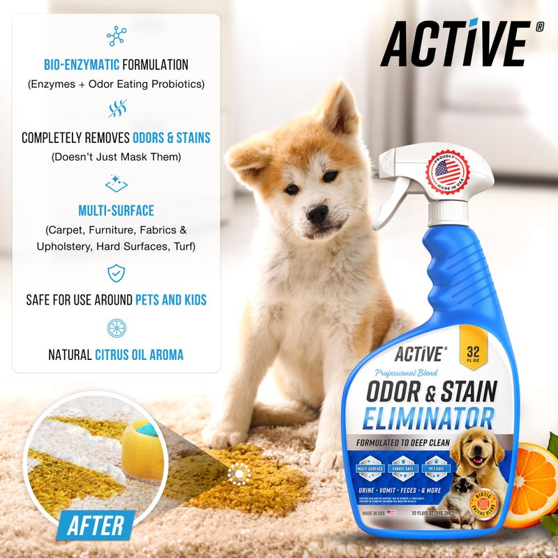 Active Pet Odor and Stain Eliminator - 32 oz ACTIVE Enzyme Cleaner for Dog & Cat Urine, Stain Remover Spray for Carpet, Upholstery, Hardwood, Spot Cleaning, Deodorizer for Dogs Cats Pets - Natural Citrus Oil - Image 2