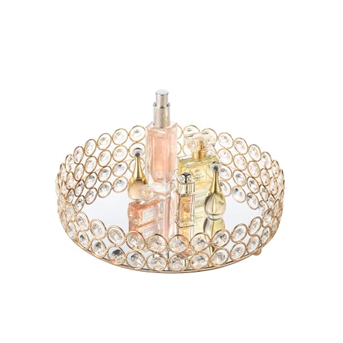 Feyarl Crystal Perfume Tray Makeup Cosmetic Vanity Organizer Jewelry Trinket Display Storage Mirrored Decorative Tray Skin Care Tray for Dresser Home Deco Birthday Gift(Round 10" inch) (Gold) - Image 1