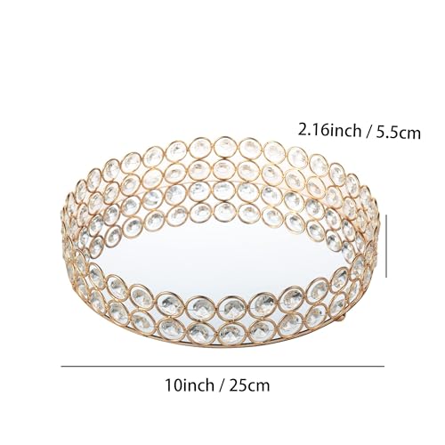Feyarl Crystal Perfume Tray Makeup Cosmetic Vanity Organizer Jewelry Trinket Display Storage Mirrored Decorative Tray Skin Care Tray for Dresser Home Deco Birthday Gift(Round 10" inch) (Gold) - Image 3