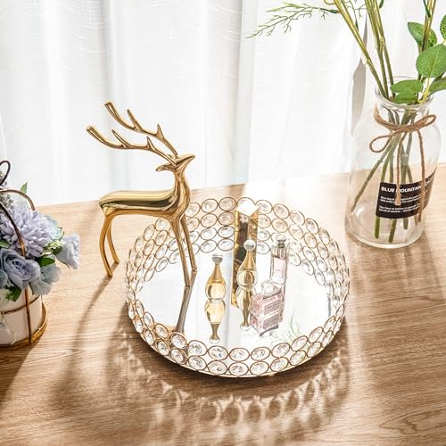 Feyarl Crystal Perfume Tray Makeup Cosmetic Vanity Organizer Jewelry Trinket Display Storage Mirrored Decorative Tray Skin Care Tray for Dresser Home Deco Birthday Gift(Round 10" inch) (Gold) - Image 4