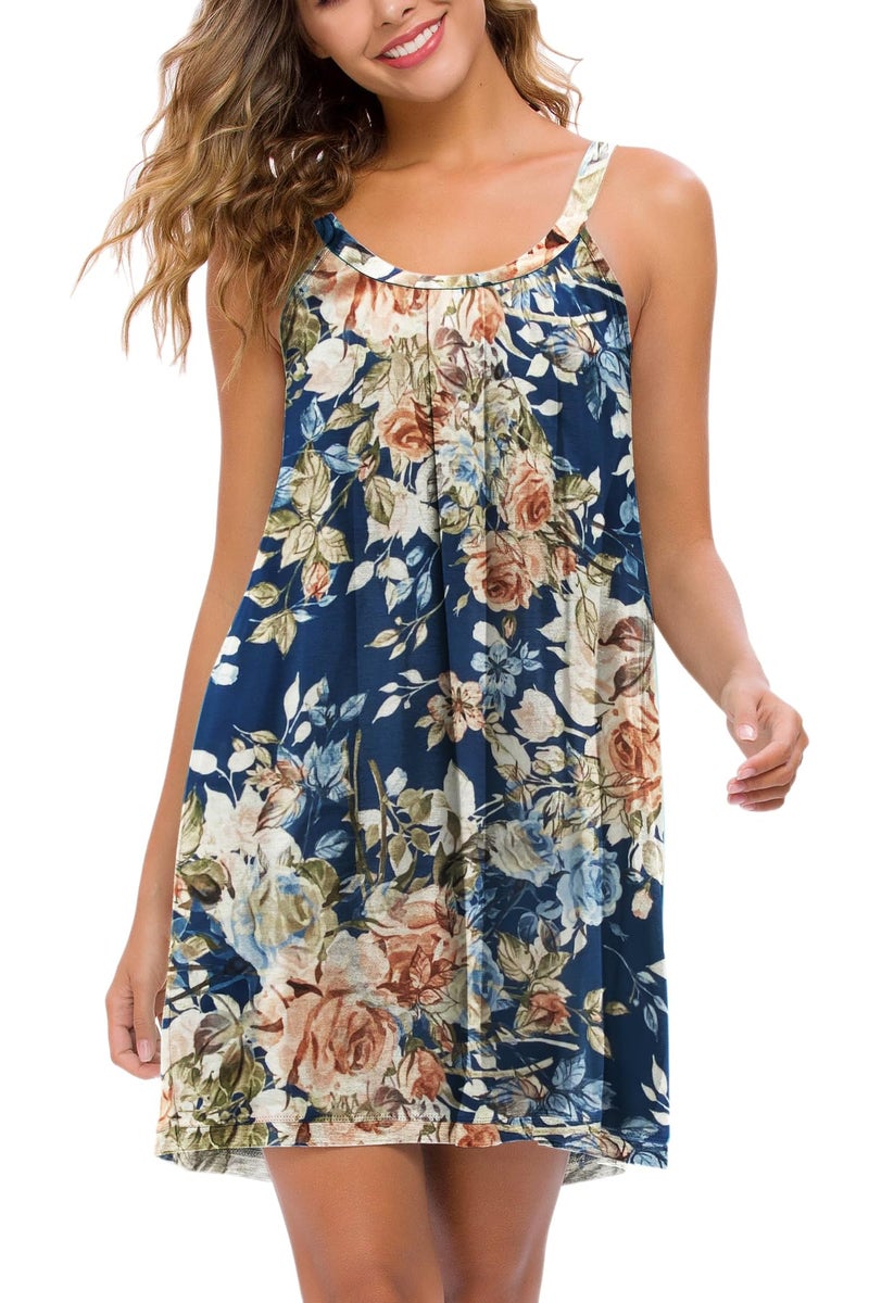 AVIIER Womens Nightgown Soft Cotton Sleeveless Sleep Shirts Wide Strap Nightshirts Full Slip Sleepwear Navy Flower L - Image 2