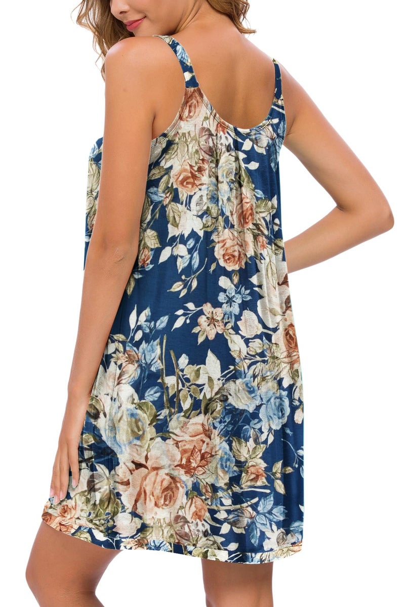AVIIER Womens Nightgown Soft Cotton Sleeveless Sleep Shirts Wide Strap Nightshirts Full Slip Sleepwear Navy Flower L - Image 4