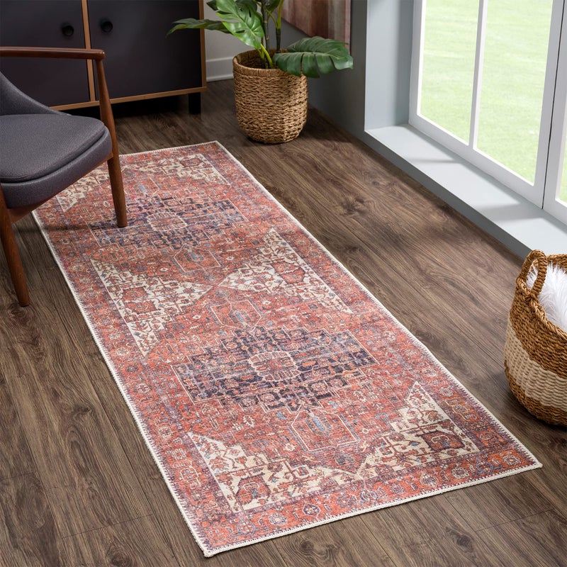 Bloom Rugs Washable 7 ft Runner - Red/Orange/Beige Traditional Runner for Entryway, Hallway, Bathroom, and Kitchen - Exact Size: 2.5' x 7' - Image 1
