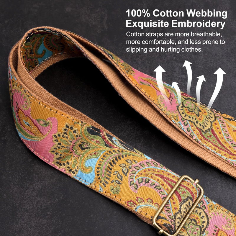 Nefelibata Guitar Strap,Crazy Horse Leather Jacquard Embroidery Cotton Guitar Straps for Bass, Electric & Acoustic, Best Gifts for Guitarists(Golden Silk Golden Flower) - Image 4