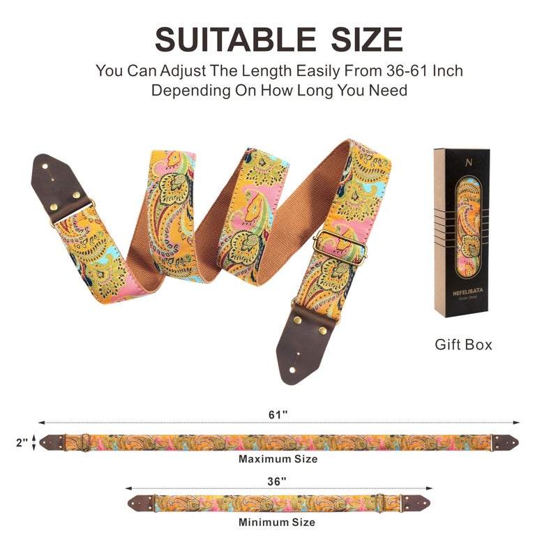Nefelibata Guitar Strap,Crazy Horse Leather Jacquard Embroidery Cotton Guitar Straps for Bass, Electric & Acoustic, Best Gifts for Guitarists(Golden Silk Golden Flower) - Image 5