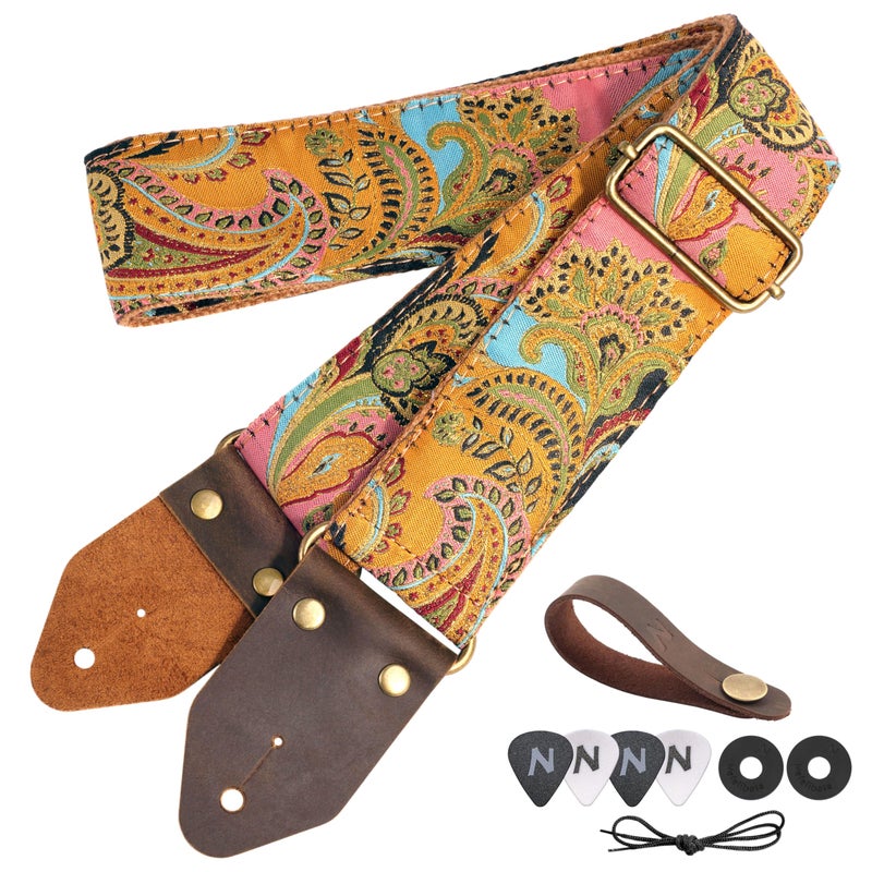 Nefelibata Guitar Strap,Crazy Horse Leather Jacquard Embroidery Cotton Guitar Straps for Bass, Electric & Acoustic, Best Gifts for Guitarists(Golden Silk Golden Flower) - Image 1