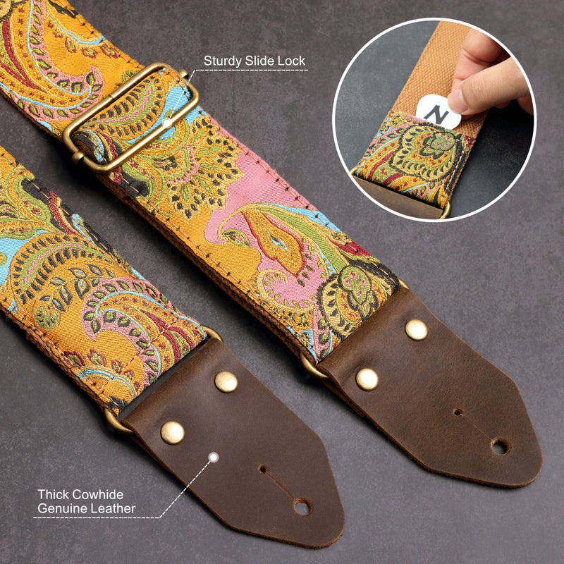Nefelibata Guitar Strap,Crazy Horse Leather Jacquard Embroidery Cotton Guitar Straps for Bass, Electric & Acoustic, Best Gifts for Guitarists(Golden Silk Golden Flower) - Image 3