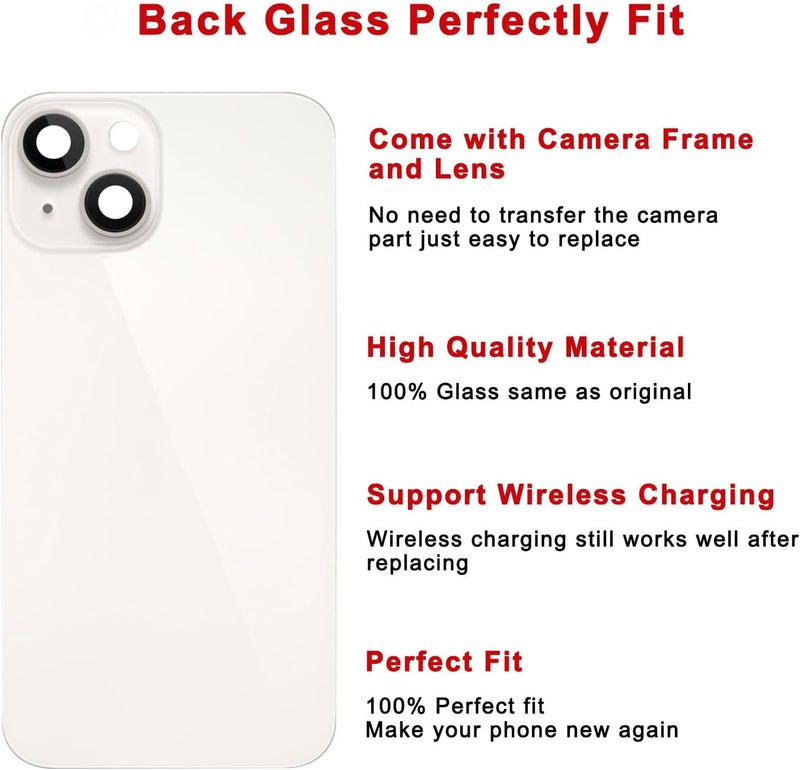 Perzework Rear Back Glass Replacement for iPhone 14 Plus 6.7-inches + Pre-Installed Plate and Camera Frame and lens + Reparing Tool Kit (Starlight White) - Image 3