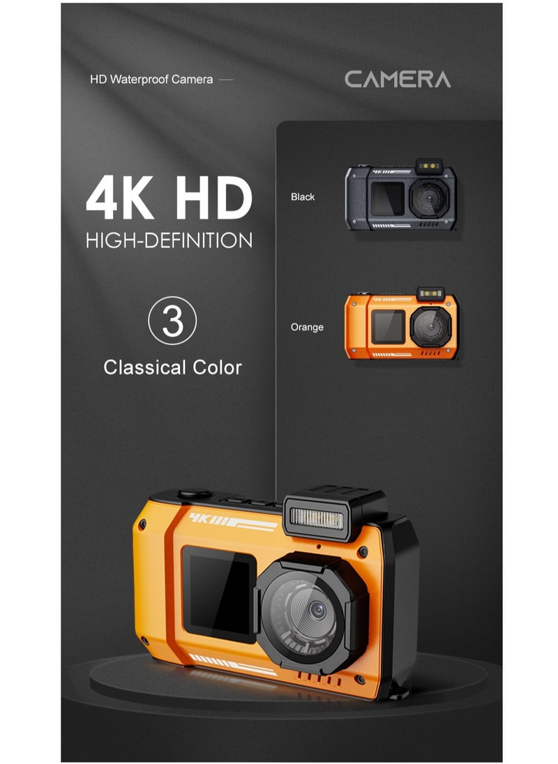ماركة غير محددة كاميرا 32FT تحت الماء 4K 48MP كاميرا مقاومة للماء متينة ضد الغبار والصدمات، كاميرا سيلفي ذات شاشة مزدوجة تحت الماء للغطس والغوص والرياضة وكاميرا رقمية قابلة للطفو مع بطاقة 64 جيجابايت (برتقالي)  - Image 4