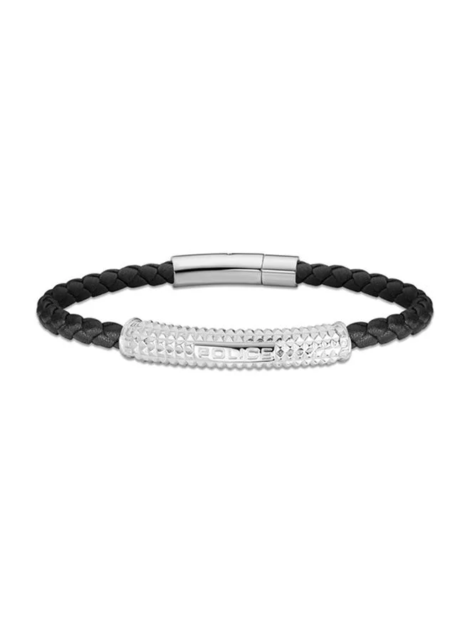 بوليس Hardware Black Leather Silver Stainless Steel Bracelet For Men