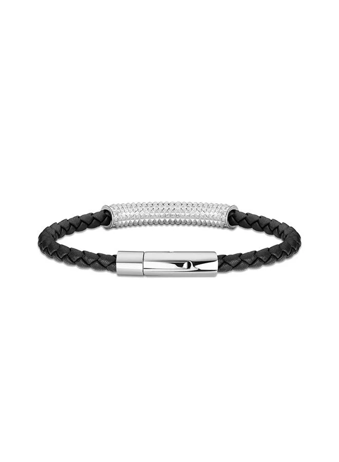 بوليس Hardware Black Leather Silver Stainless Steel Bracelet For Men