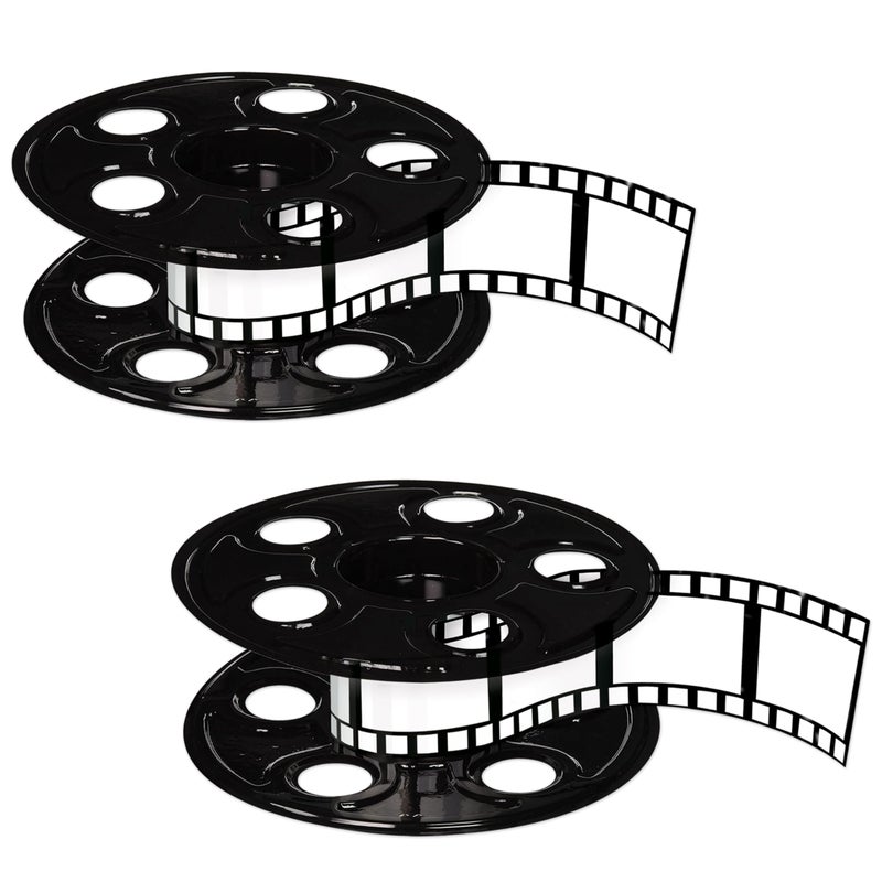Beistle Movie Reel with Filmstrip Centerpieces, 2-Count Thin Plastic 3D Cinema Reels with 15-Foot Filmstrips, Customizable Hollywood Party Decorations for Red Carpet Events & Theater Themes, 9" - Image 1