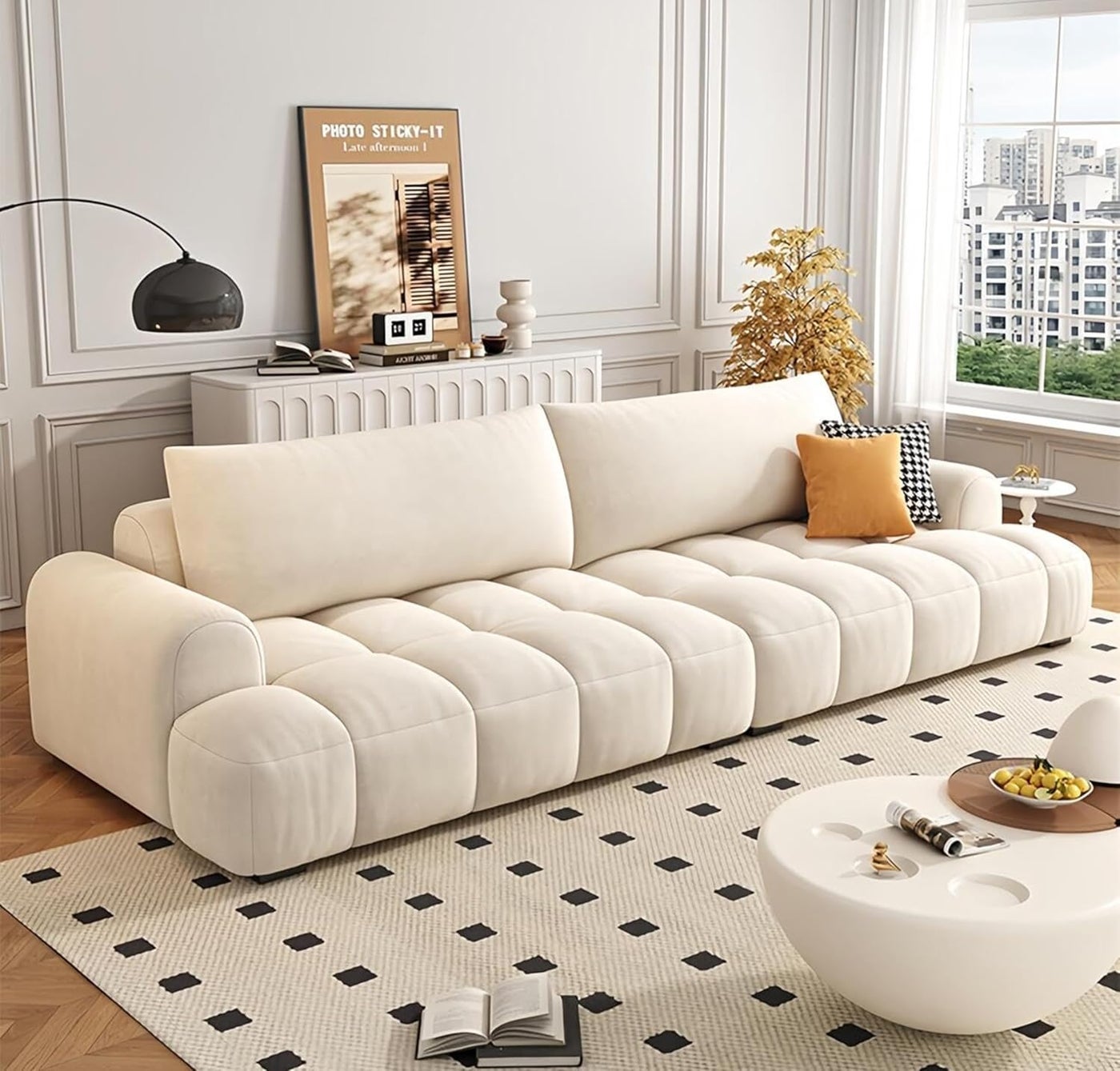 Light Luxury Sofa Set - Classic Wool Upholstered Chaise with Throw Pillow, Off-White, Space-Saving Couch for Living Room and Bedroom, No Assembly Required (Puffy, Four Seater)