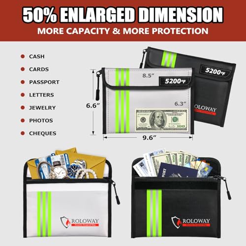 ROLOWAY Fireproof Bag (9.6 x 6.6 inches) 5200℉ Heat Insulated with Reflective Strip, Fireproof Money Bag with Zipper for Cash (2-Pack) - Image 4