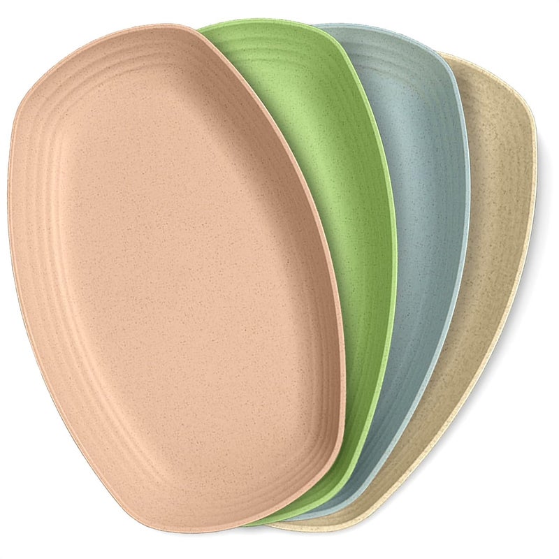 P-PLUS INTERNATIONAL 4 Pcs Wheat Straw Dinnerware Sets - 11″ Food Grade Oval Plates with Smooth Round Edges, Non-Skid Bottom, Lightweight Wheat Dinner Dish Sets for Microwave, Oven in 4 Colors - Image 1