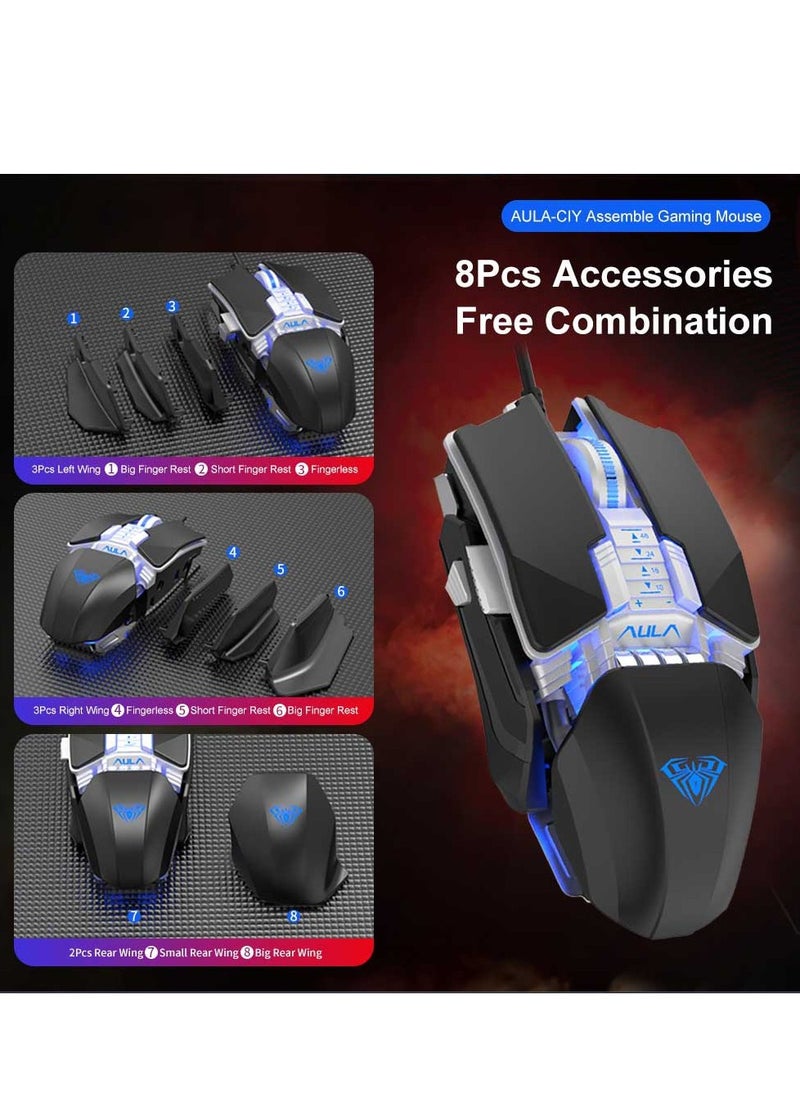 AULA - Aula-H508 Gaming RGB Mouse With Side Wings, 4800 Dpi, Usb, Ergonomic,with multiple custom accessories ,support macro programing , 6 gear adjustable DPi  Backlit For Laptop And Desktop (WHITE OR BLACK) - Image 1