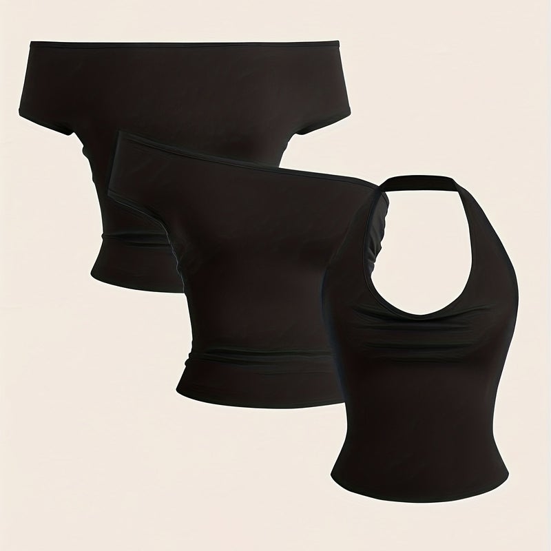 Women's Off-Shoulder Sleeveless Crop T-Shirt, Three Ways to Wear - Image 3