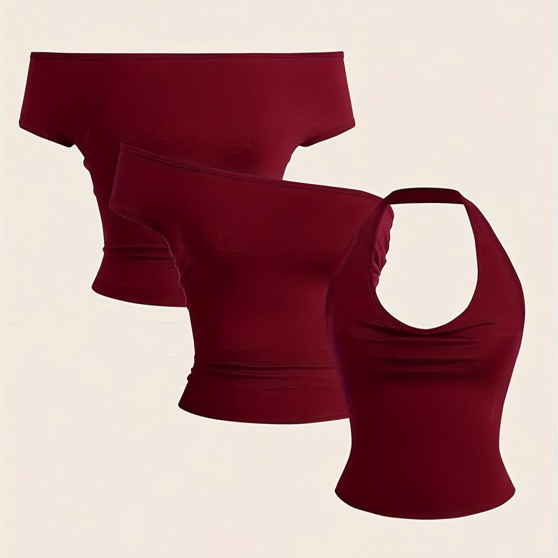 Women's Off-Shoulder Sleeveless Crop T-Shirt, Three Ways to Wear - Image 1