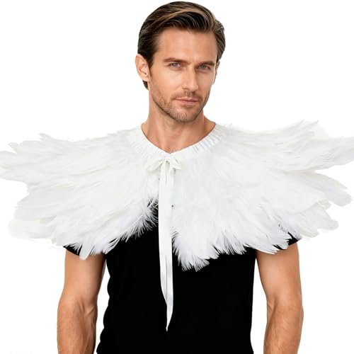 L'VOW Men' Gothic Natural Feather Shrug Shawl Cape Stole Collar Halloween Costumes (White-06) - Image 3